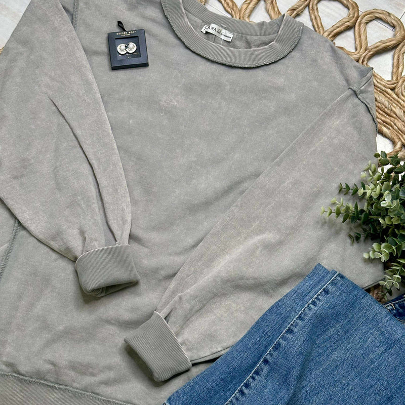 Zenana Acid Wash Terry Exposed Seam Sweater Pullover Sleet Grey