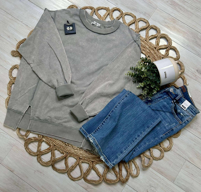 Zenana Acid Wash Terry Exposed Seam Sweater Pullover Sleet Grey