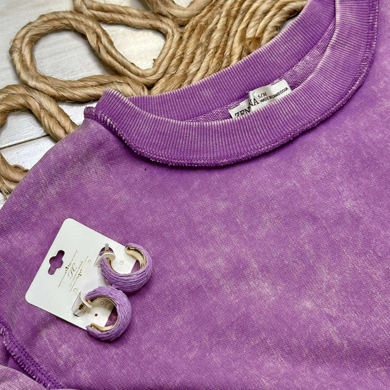 Zenana Acid Wash Terry Exposed Seam Sweater Pullover Violet