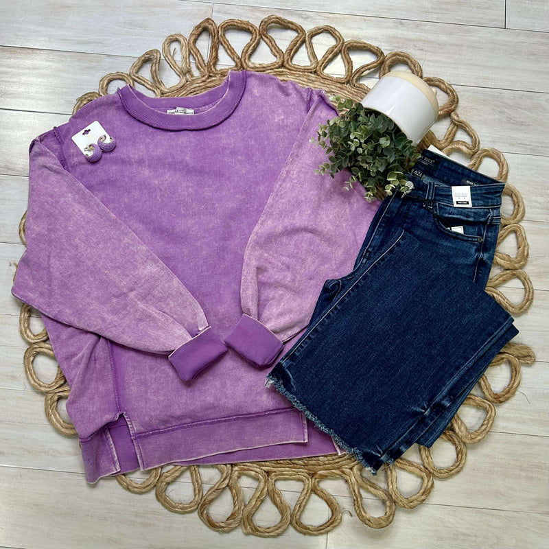 Zenana Acid Wash Terry Exposed Seam Sweater Pullover Violet