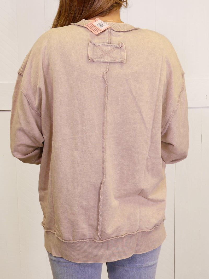 Zenana Acid Wash Terry Exposed Seam Sweater Top Pullover Ash Mocha