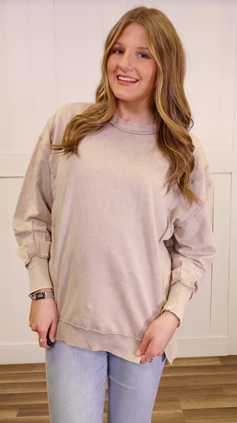 Zenana Acid Wash Terry Exposed Seam Sweater Top Pullover Ash Mocha