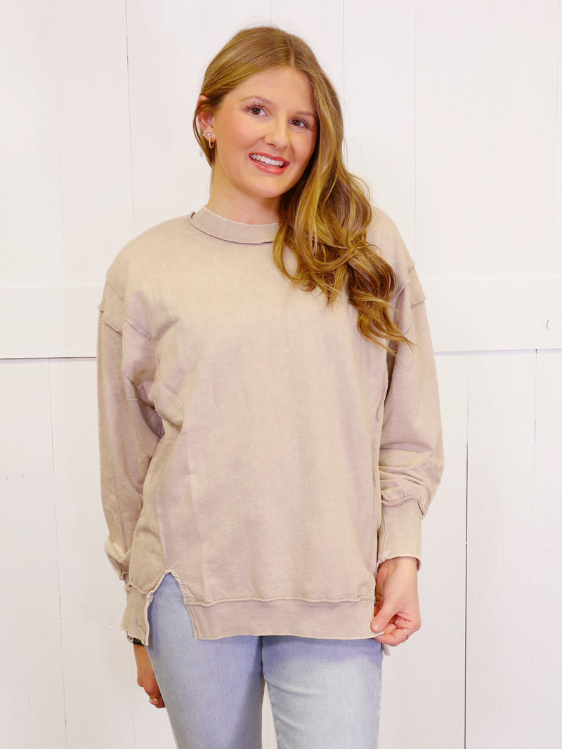 Zenana Acid Wash Terry Exposed Seam Sweater Top Pullover Ash Mocha
