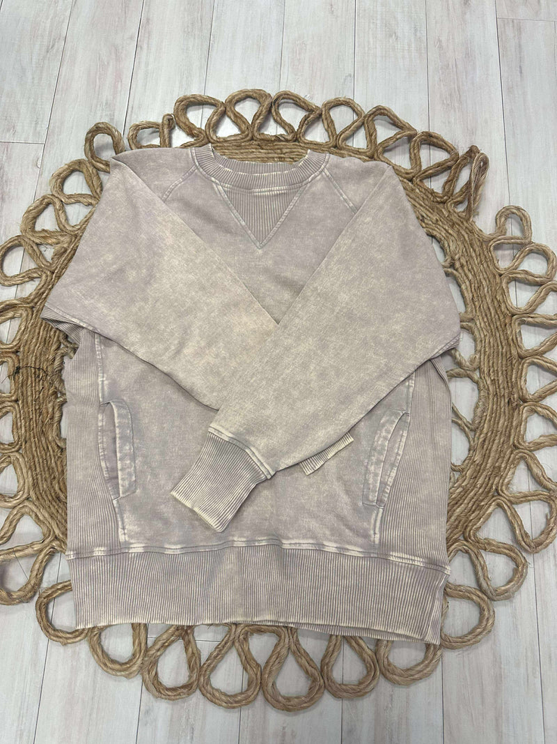 Zenana Basic Acid Washed Round Neck Pullover Sweater with Ribbed Sides Ash Mocha