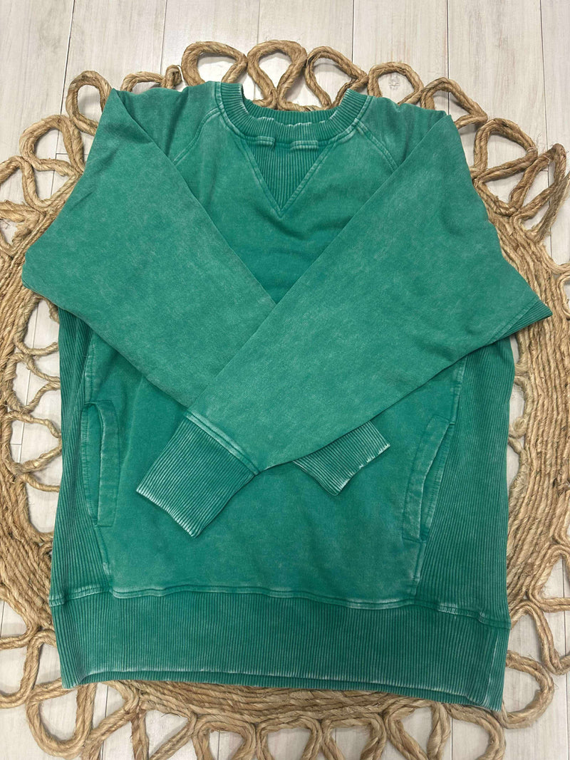 Zenana Basic  Acid Washed Round Neck Pullover Sweater with Ribbed Sides Kelly Green