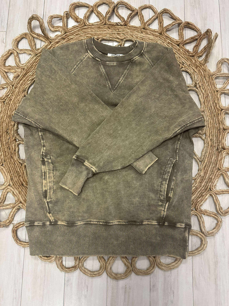 Zenana Basic Acid Washed Round Neck Pullover Sweater with Ribbed Sides Mocha