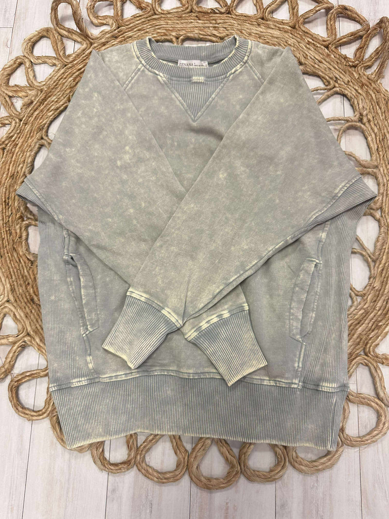 Zenana Basic Acid Washed Round Neck Pullover Sweater with Ribbed Sides Sleet Grey