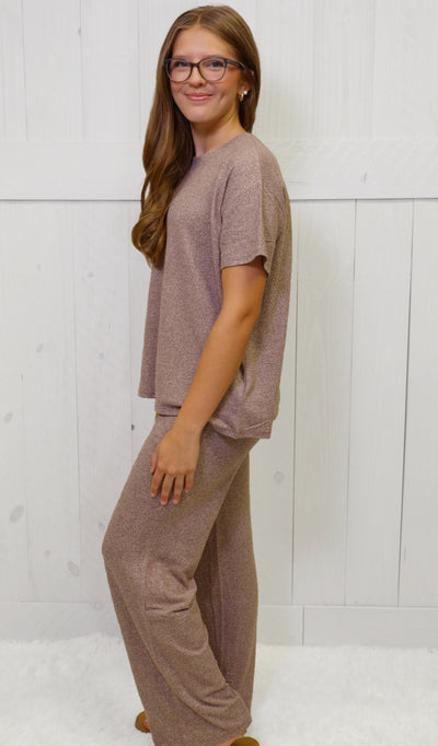Zenana Brown Soft Melange Short Sleeve Lounge Set
