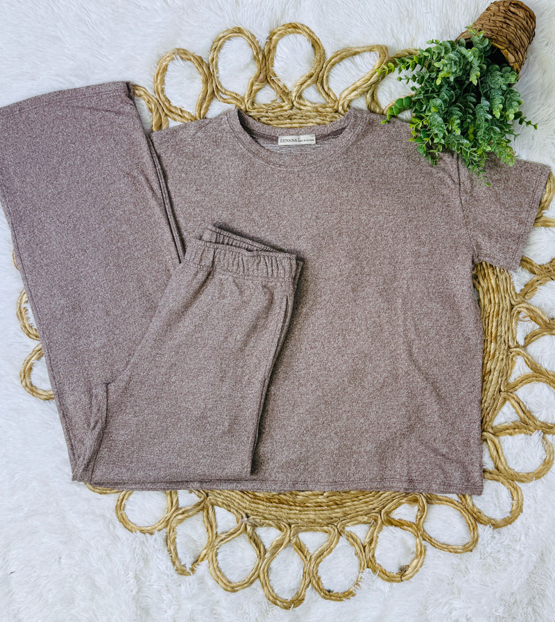Zenana Brown Soft Melange Short Sleeve Lounge Set