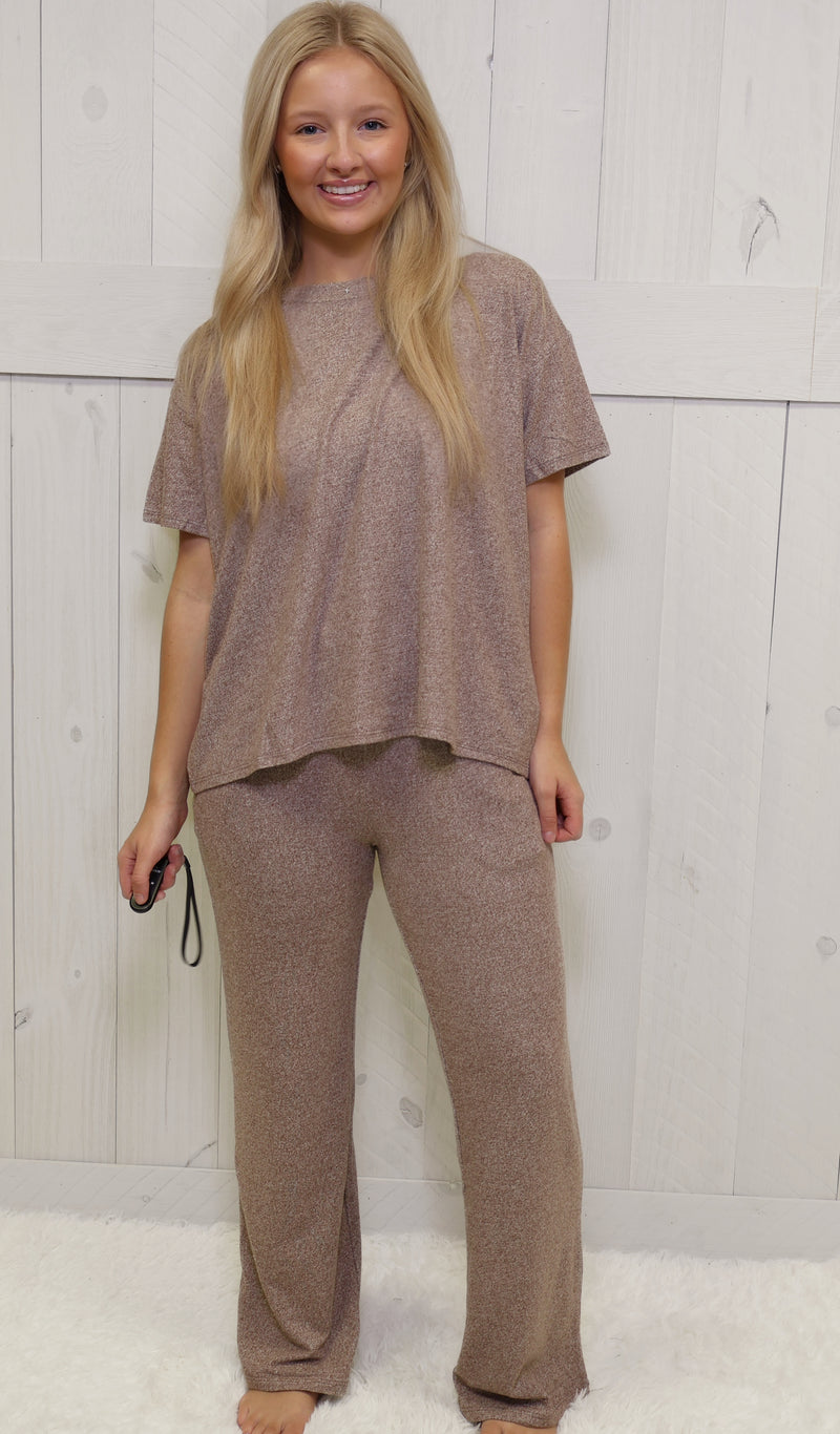 Zenana Brown Soft Melange Short Sleeve Lounge Set