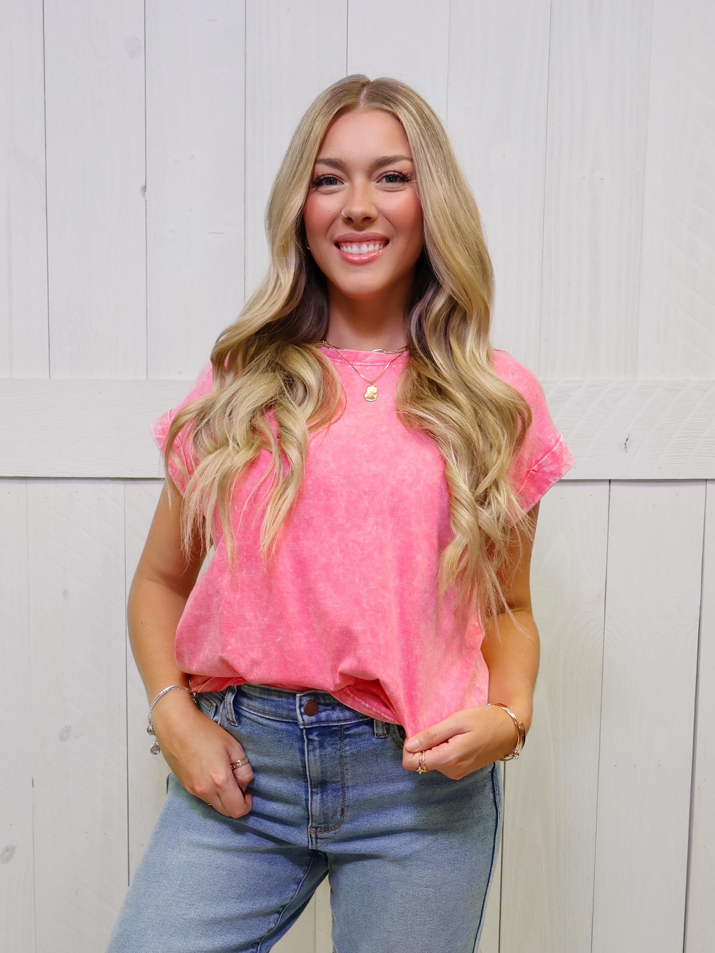 Zenana Crinkle Basic Washed Round Neck Short Sleeve Top
