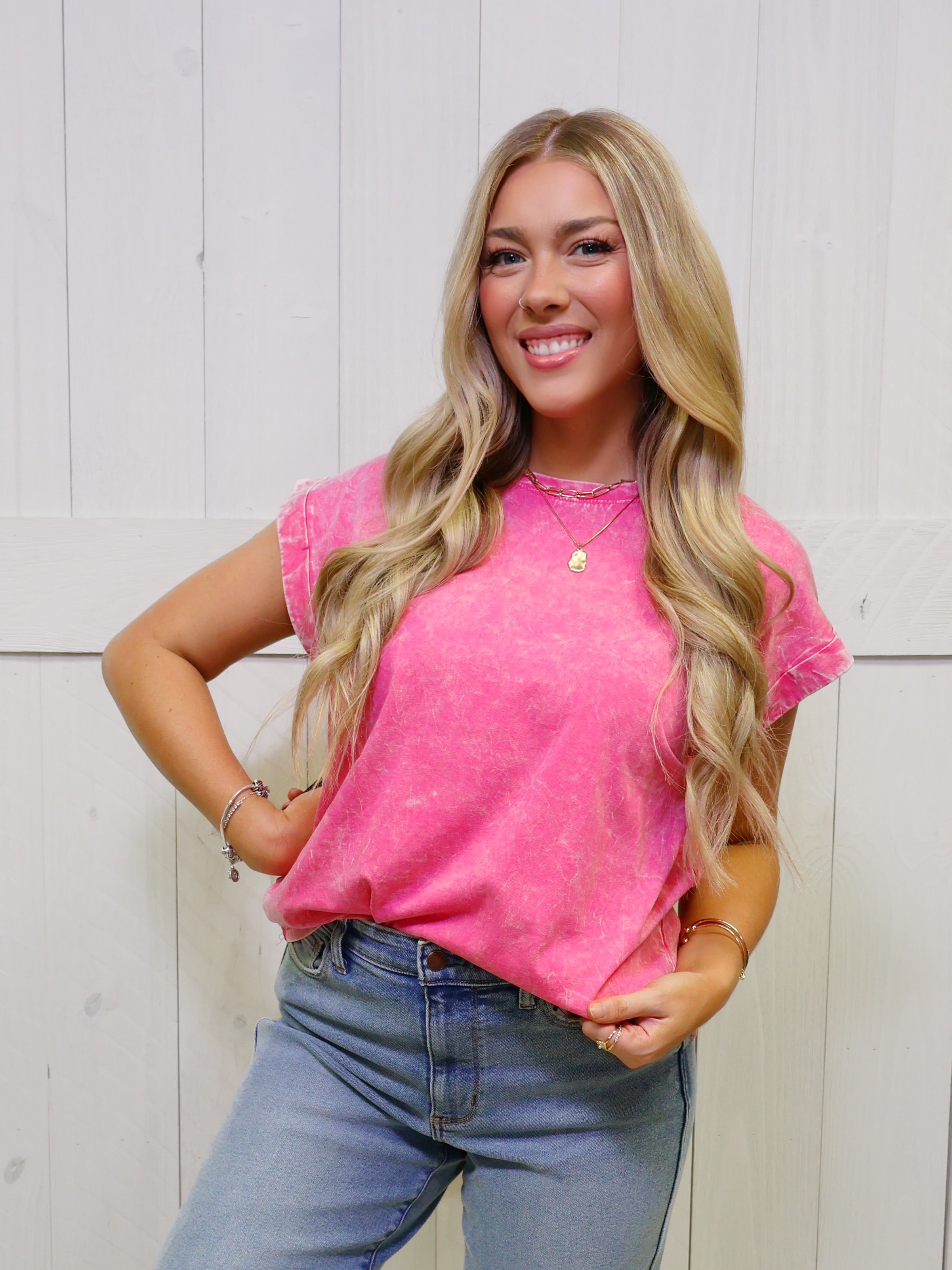Zenana Crinkle Basic Washed Round Neck Short Sleeve Top