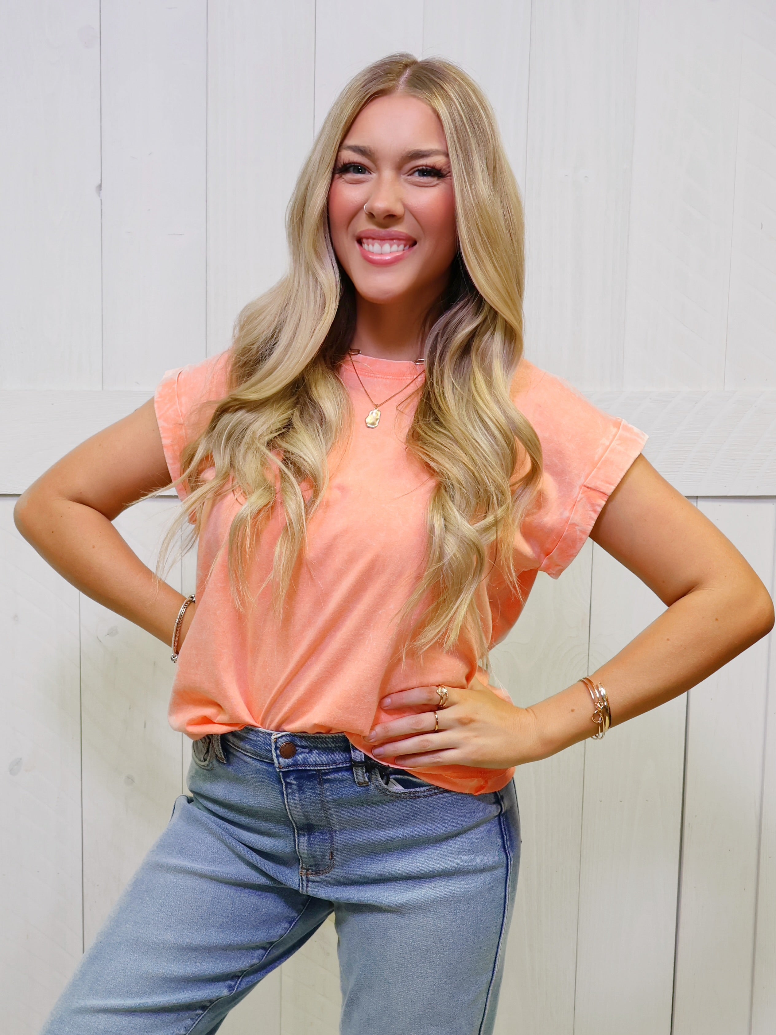 Zenana Crinkle Basic Washed Round Neck Short Sleeve Top