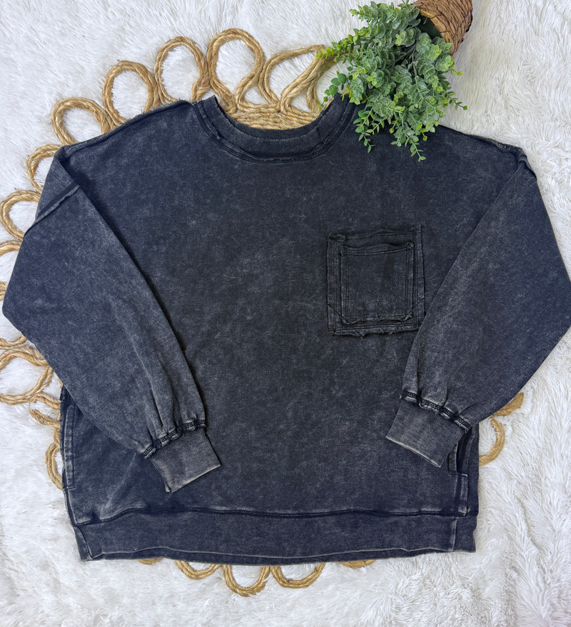 Zenana Curvy Acid Wash Black Pocket Sweater