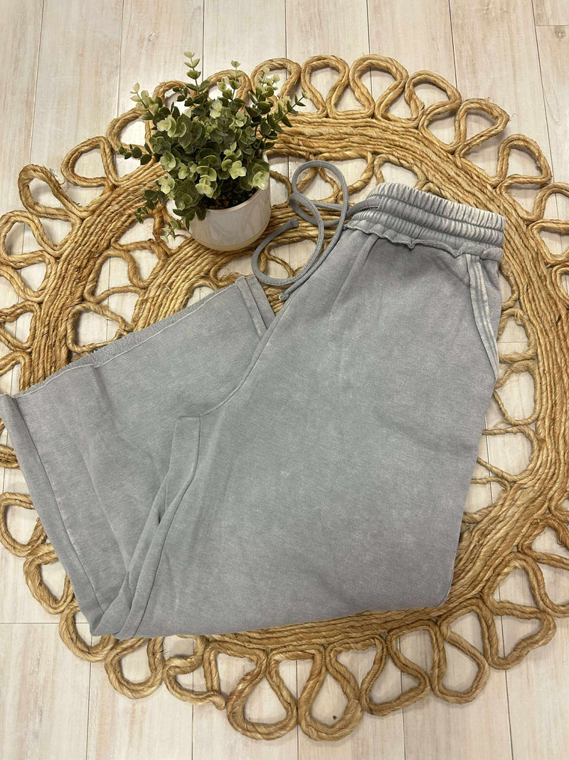 Zenana Curvy Acid Wash Fleece Pants Sleet Grey