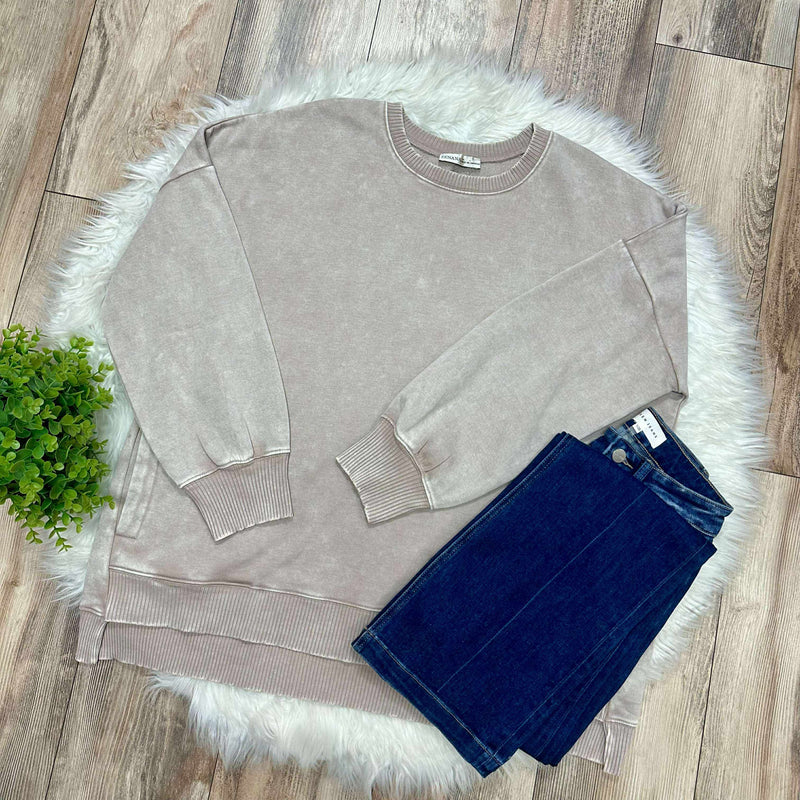 Zenana Curvy Acid Wash Hi Low Pullover Sweater Ash Mocha Basic