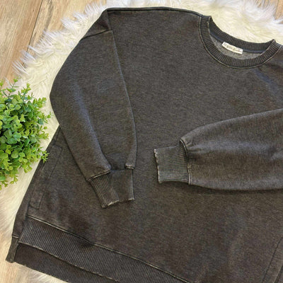 Zenana Curvy Acid Wash Hi Low Pullover Sweater Black Basic