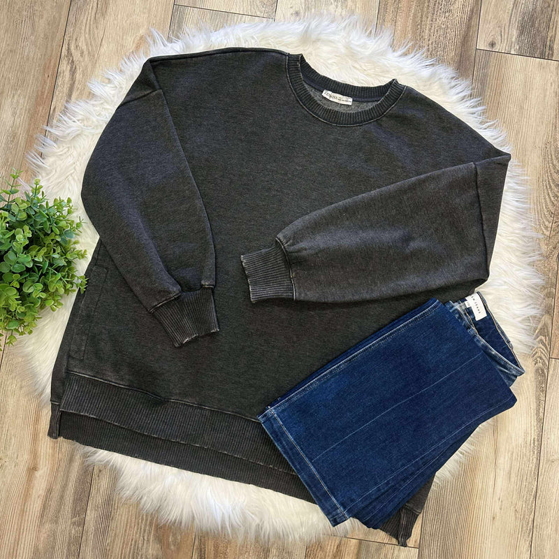 Zenana Curvy Acid Wash Hi Low Pullover Sweater Black Basic