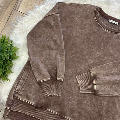 Zenana Curvy Acid Wash Hi Low Pullover Sweater Brown Basic