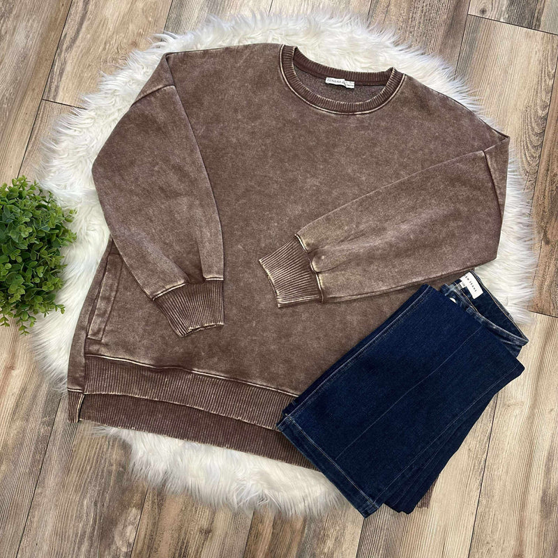 Zenana Curvy Acid Wash Hi Low Pullover Sweater Brown Basic