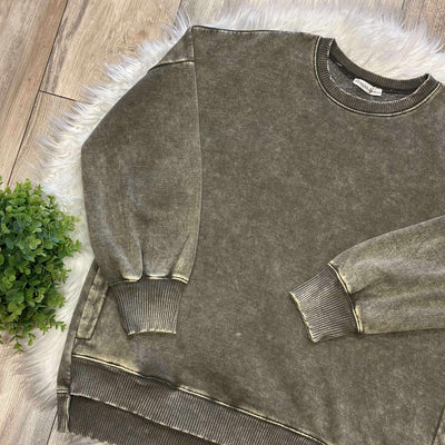 Zenana Curvy Acid Wash Hi Low Pullover Sweater Olive Basic