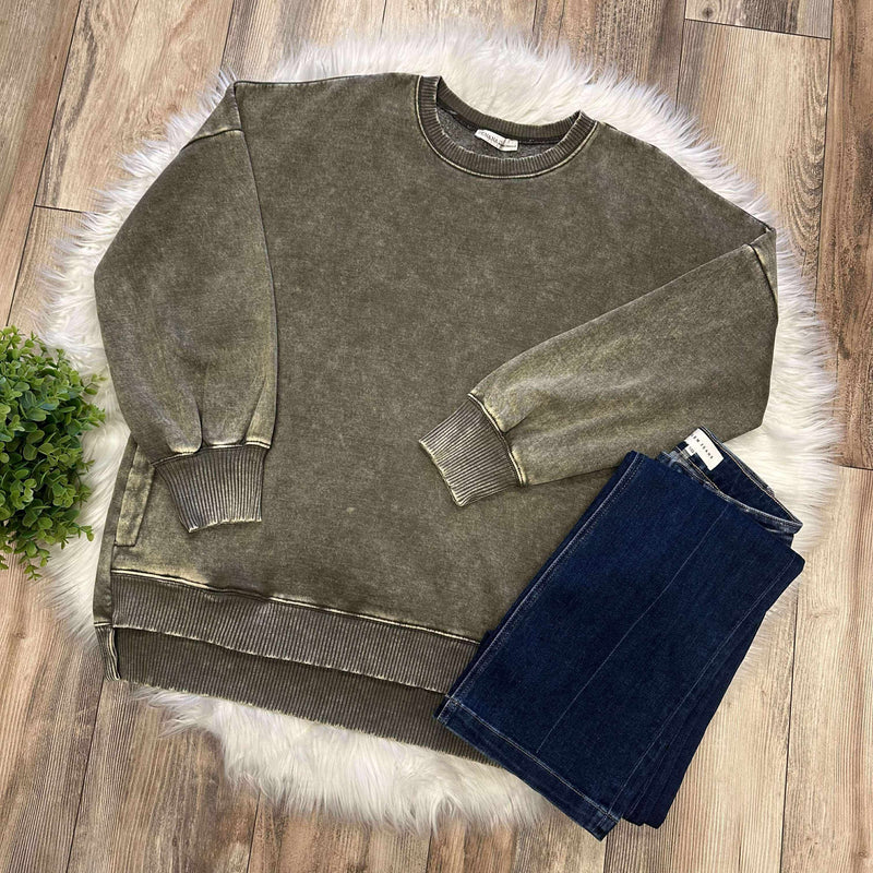 Zenana Curvy Acid Wash Hi Low Pullover Sweater Olive Basic
