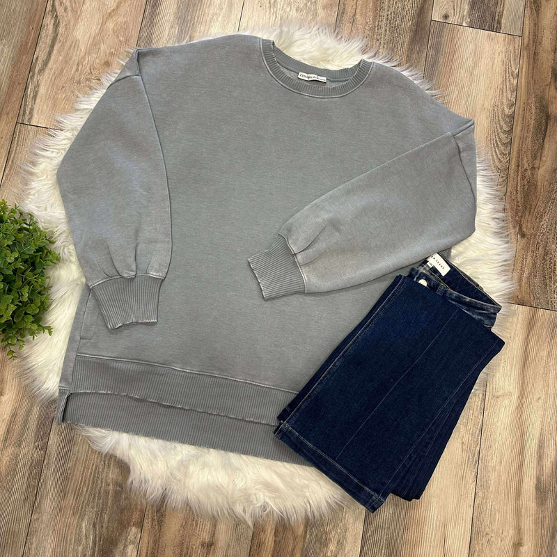 Zenana Curvy Acid Wash Hi Low Pullover Sweater Sleet Grey Basic