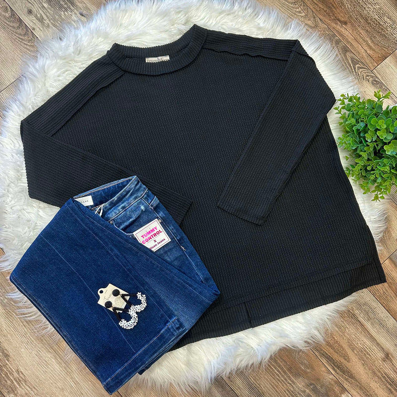 Zenana Curvy Ribbed Raw Edge Top Black