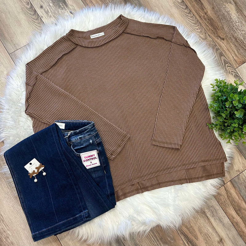 Zenana Curvy Ribbed Raw Edge Top Brown