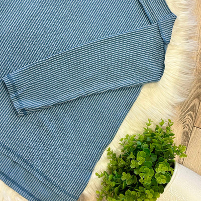 Zenana Curvy Ribbed Raw Edge Top Dusty Blue