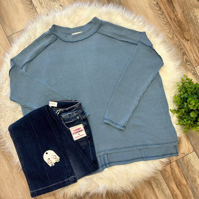 Zenana Curvy Ribbed Raw Edge Top Dusty Blue