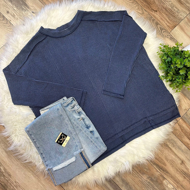 Zenana Curvy Ribbed Raw Edge Top Navy