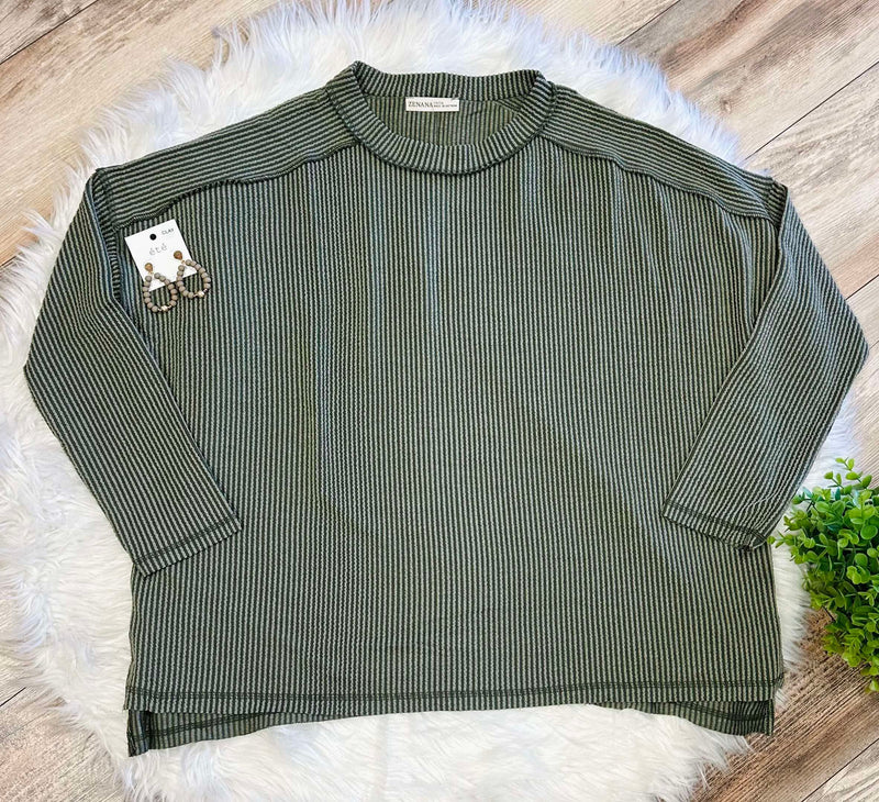 Zenana Curvy Ribbed Raw Edge Top Olive