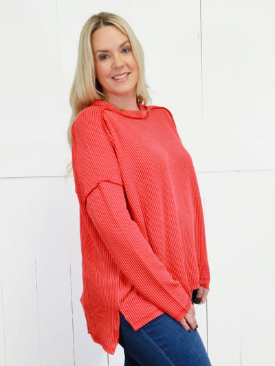 Zenana Curvy Ribbed Raw Edge Top Red