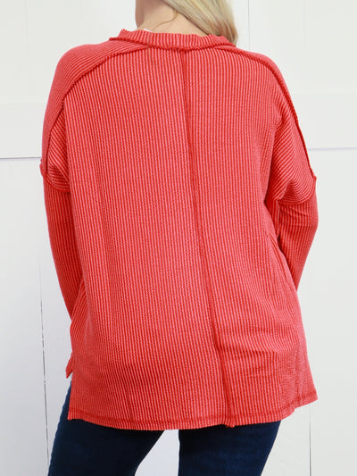 Zenana Curvy Ribbed Raw Edge Top Red
