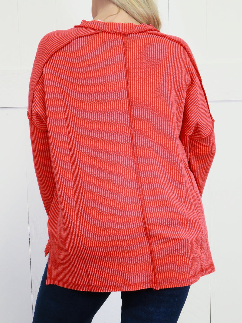 Zenana Curvy Ribbed Raw Edge Top Red