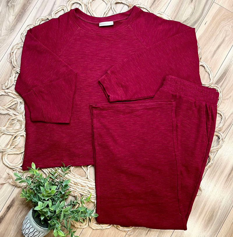 Zenana Curvy Slub Long Sleeve Lounge Set Cabernet