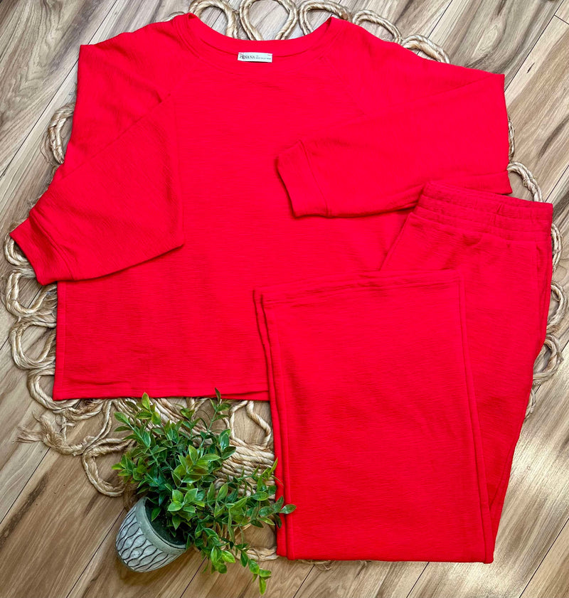 Zenana Curvy Slub Long Sleeve Lounge Set Ruby Red
