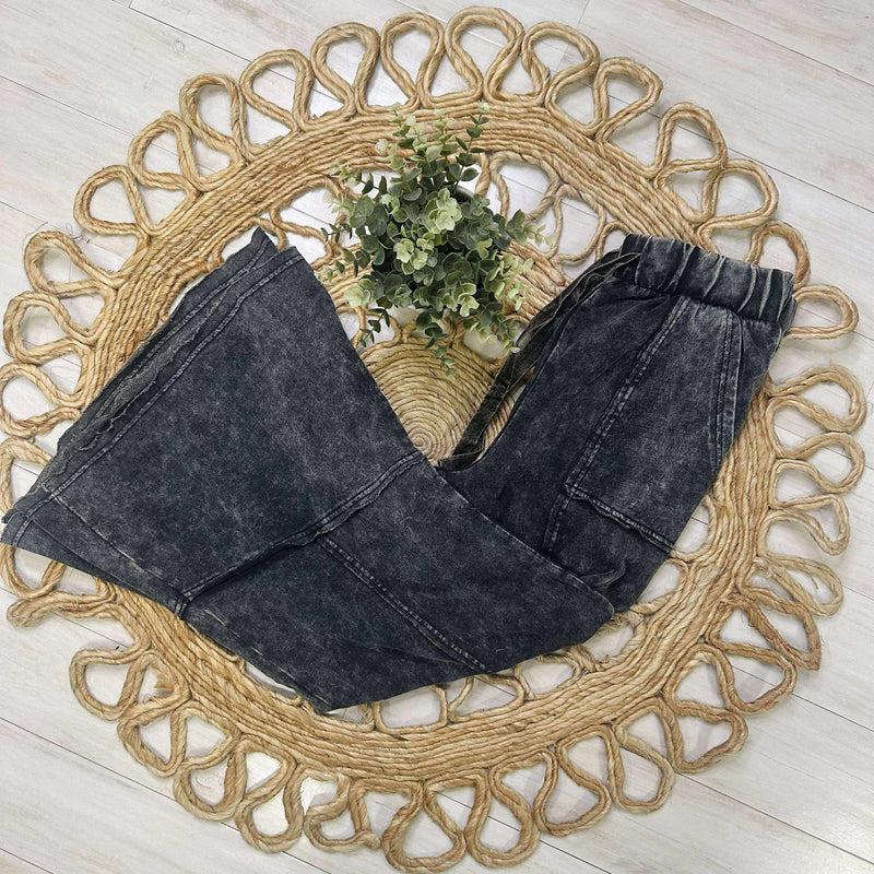 Zenana Exposed Seam Flare Hem Drawstring Pants Ash Black