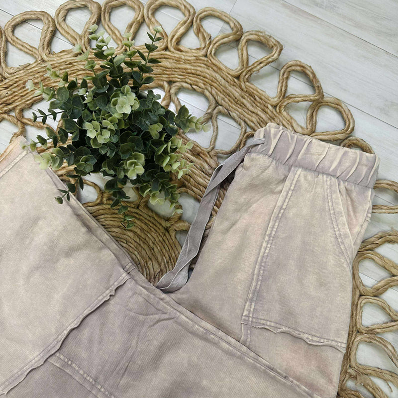Zenana Exposed Seam Flare Hem Drawstring Pants Ash Mocha