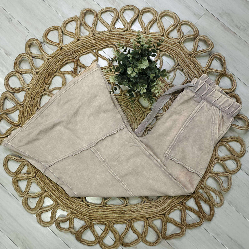 Zenana Exposed Seam Flare Hem Drawstring Pants Ash Mocha