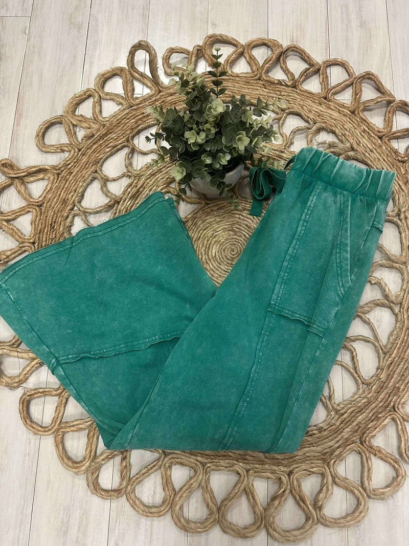 Zenana Exposed Seam Flare Hem Drawstring Pants Kelly Green