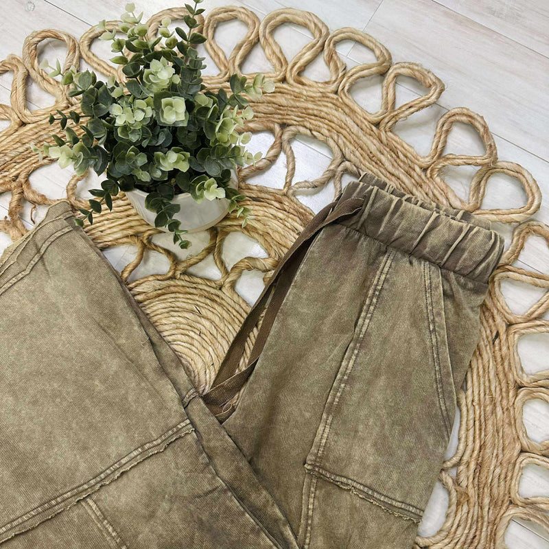 Zenana Exposed Seam Flare Hem Drawstring Pants Mocha Brown