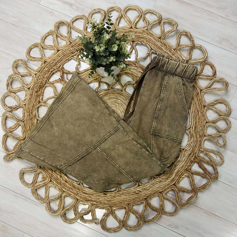 Zenana Exposed Seam Flare Hem Drawstring Pants Mocha Brown