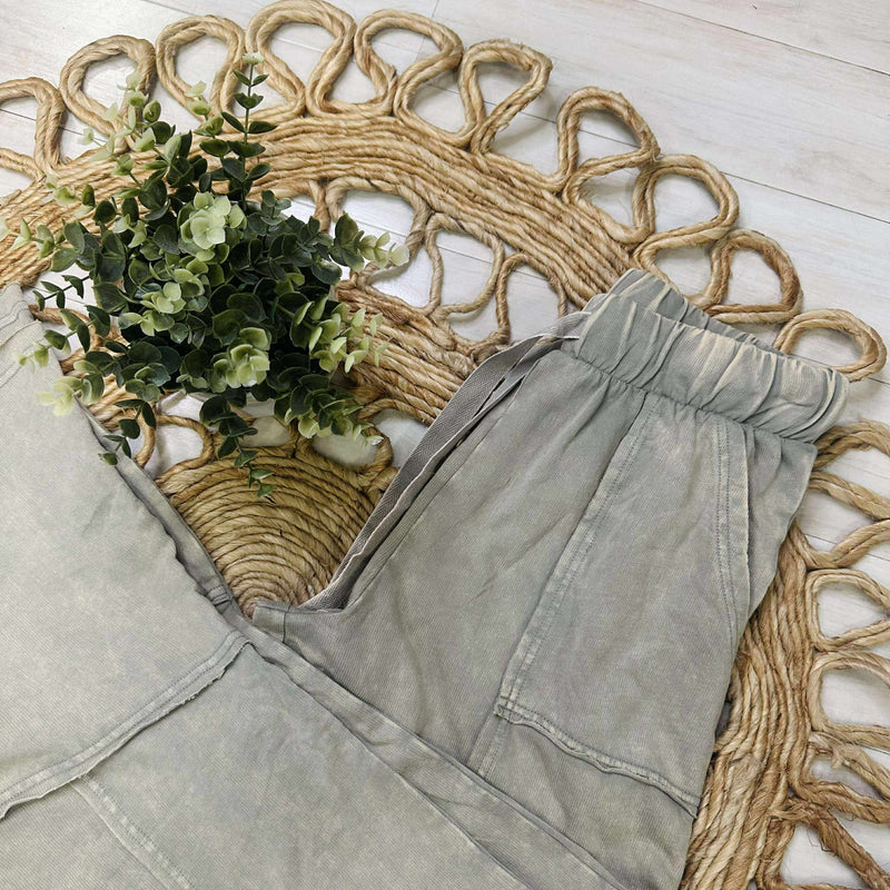 Zenana Exposed Seam Flare Hem Drawstring Pants Sleet Grey