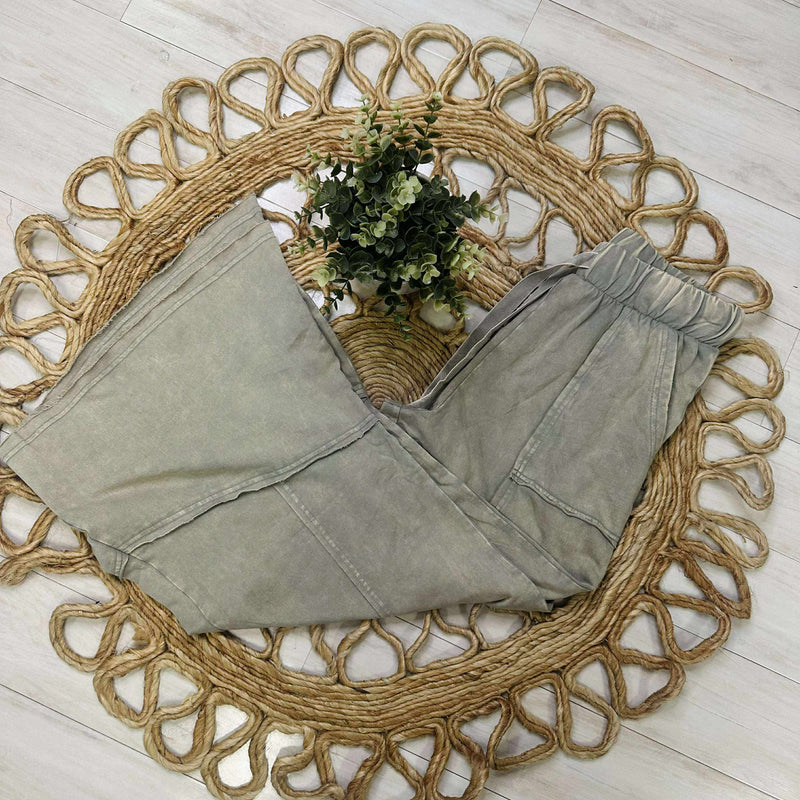 Zenana Exposed Seam Flare Hem Drawstring Pants Sleet Grey