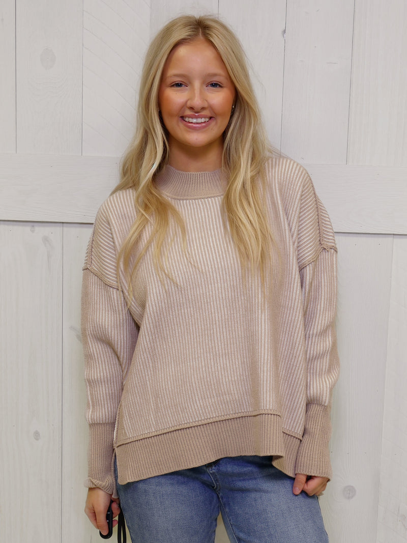 Zenana Exposed Seam Two Tone Ash Mocha Sweater