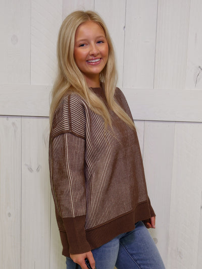 Zenana Exposed Seam Two Tone Brown Sweater