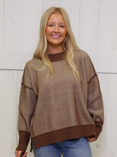 Zenana Exposed Seam Two Tone Brown Sweater