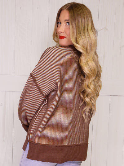 Zenana Exposed Seam Two Tone Brown Sweater
